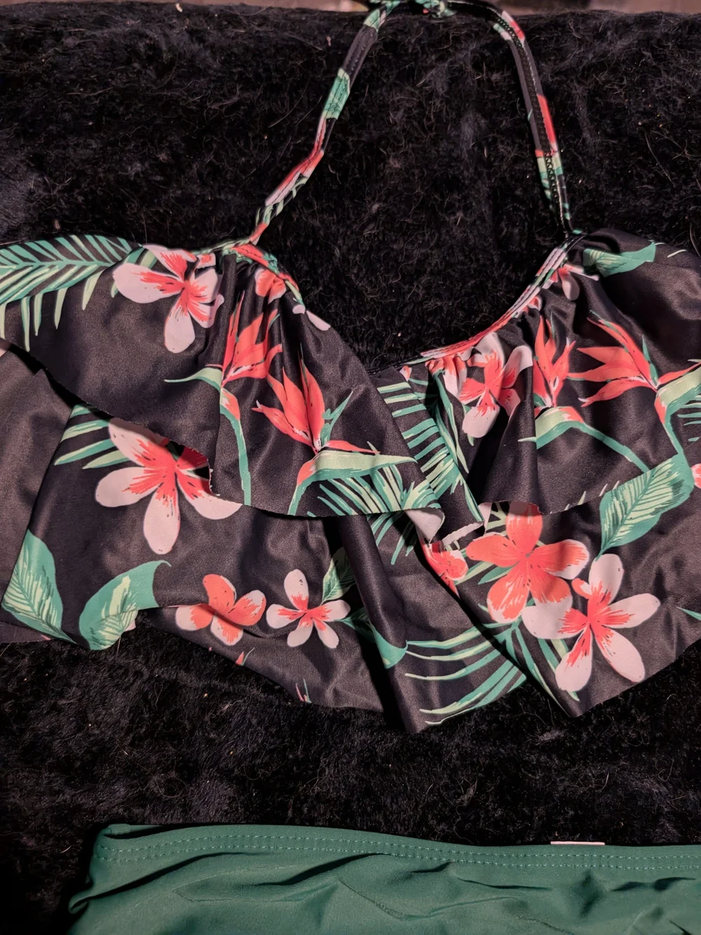 Source Unknown Green High-Waist Bikini with Black Floral Ruffle Top